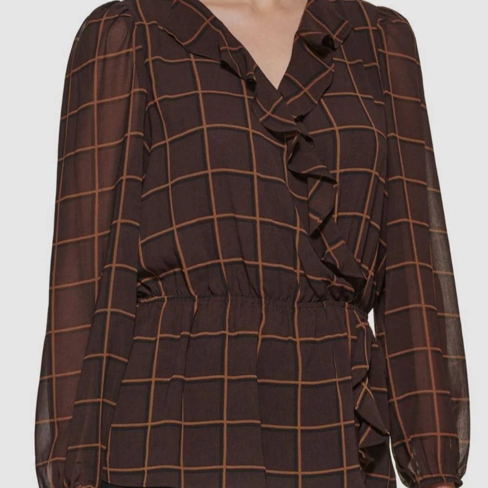 Calvin Klein Woman's Brown Printed Faux Wrap Top Blouse